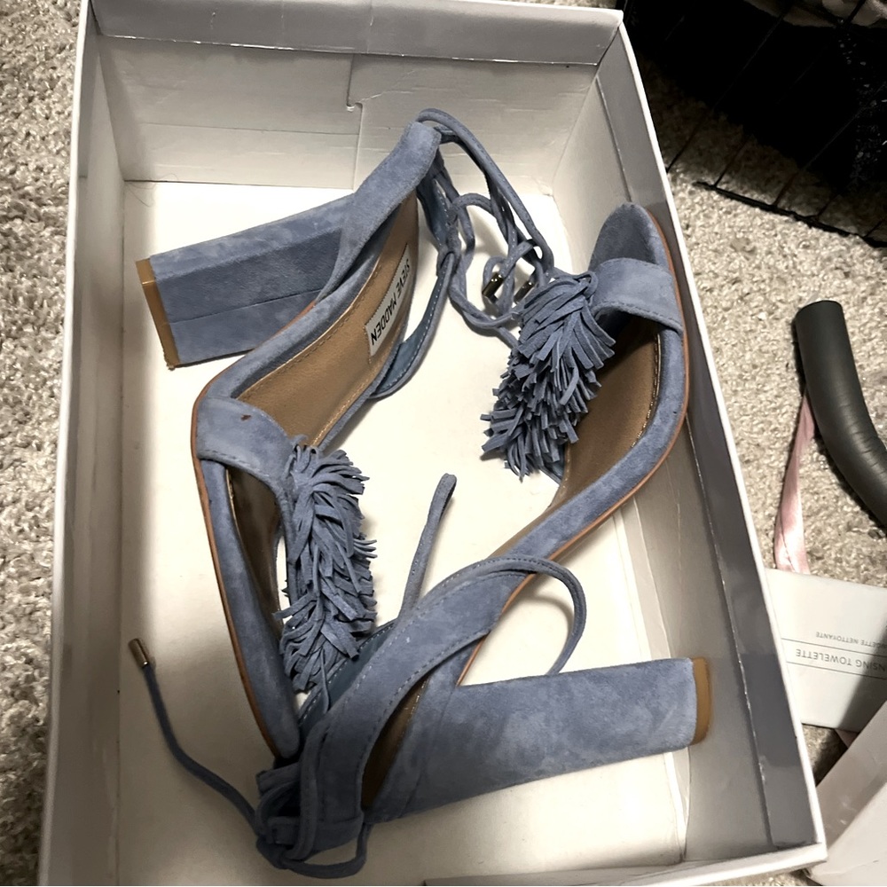 Steve Madden Women's Sass Light Blue Suede Heels Fringe